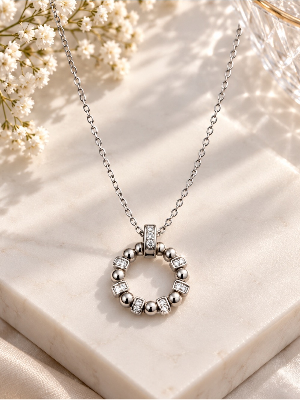 REVOLVE Silver Crystal Bead Ring Pendant Necklace
